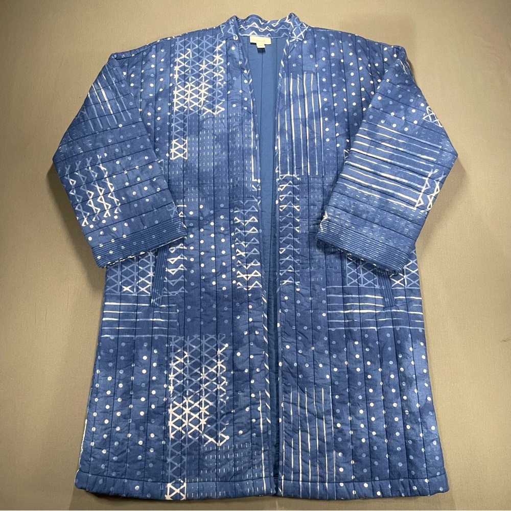 Pure Jill Quilted Cotton Open Front Kimono-Style Jacket,Blue Patchwork - Medium
